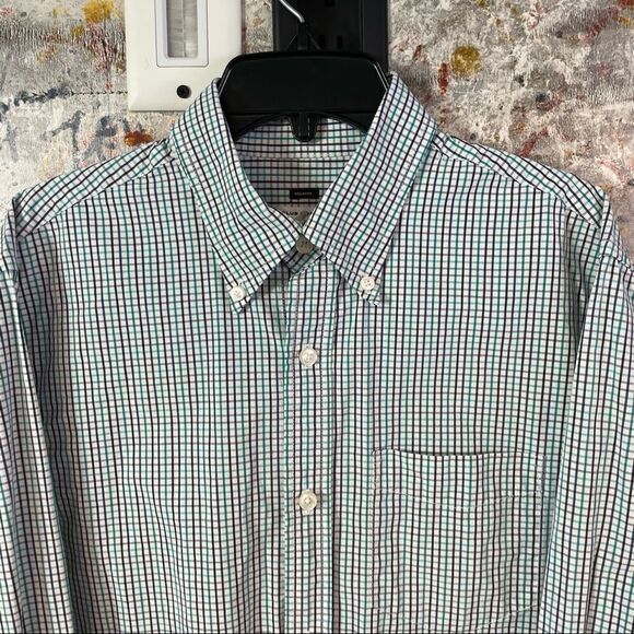 CLUB MONACO Cotton Blue White Gingham print Long Sleeve Striped Oxford Shirt S - Picture 1 of 6